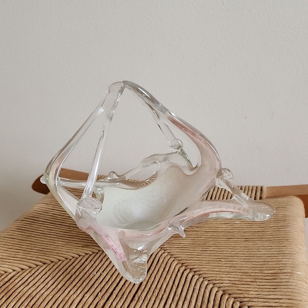 Murano White & Pink Basket Vase Candy Dish Accent Decor Geometric  Made In Italy